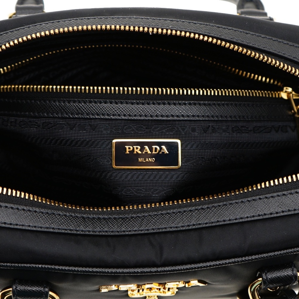 Prada Satchel Shoulder Bag Black Nylon & Saffiano Leather With Lock And Key New - Picture 9 of 9
